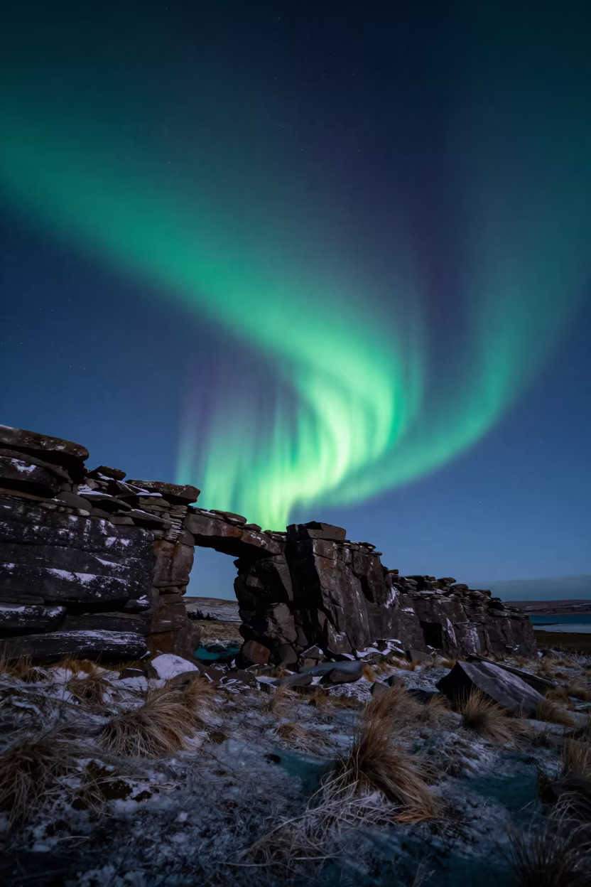 Aurora Over Northern Ireland Winter Escarpment in beneath a wind-cut desert escarpment in Northern Ireland