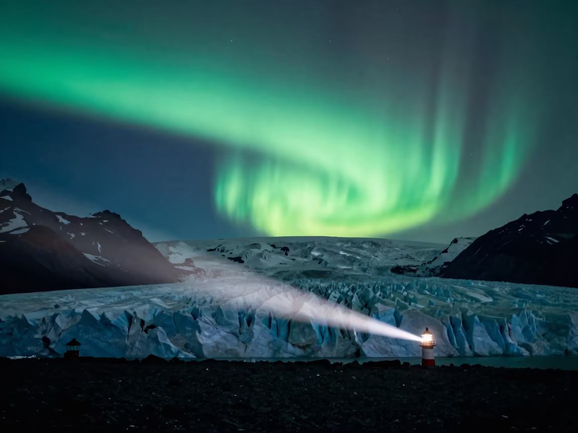 Aurora Over Patagonian Glacier at Night in beneath a wind-cut desert escarpment near Suomenlinna, Helsinki