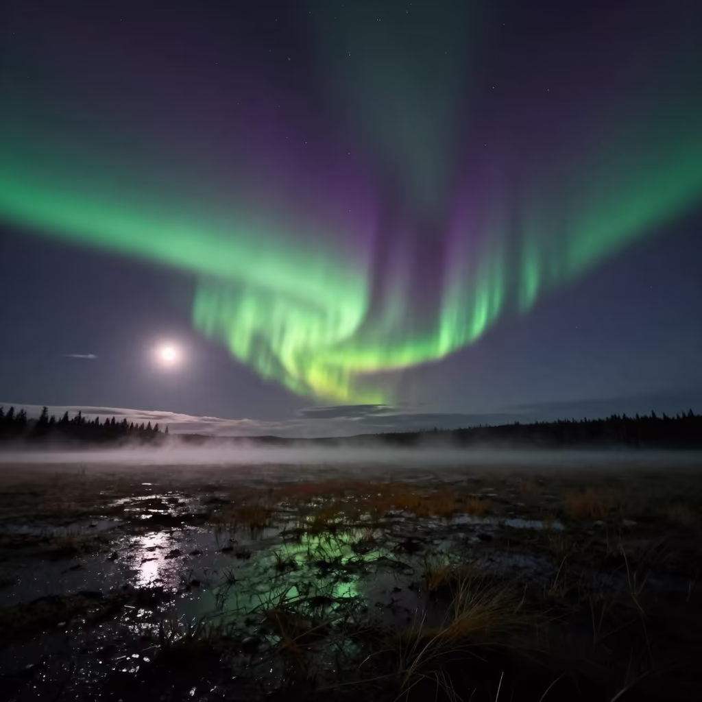Aurora Over Rainy Tundra Floodplain Midnight in across a floodplain after rain near Kungsholmen, Stockholm