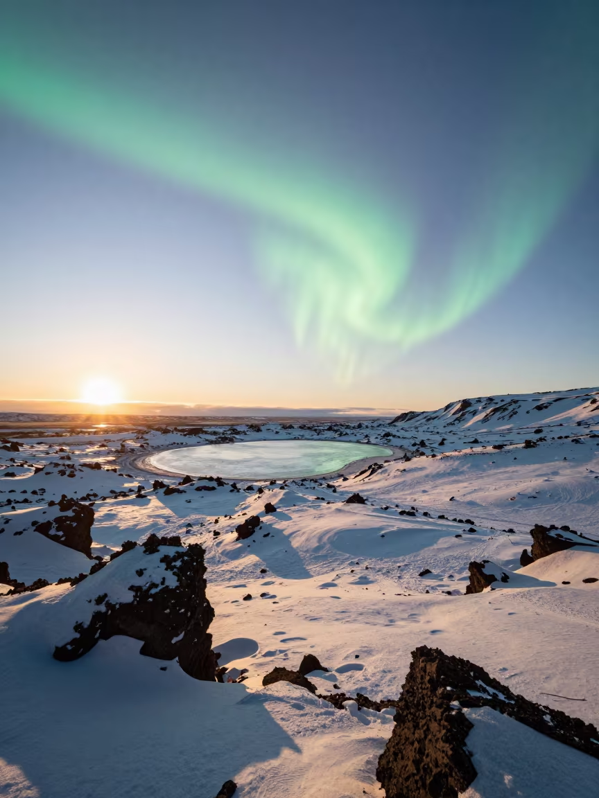 Aurora Over Snow Valley Iceland Golden Hour in in Iceland