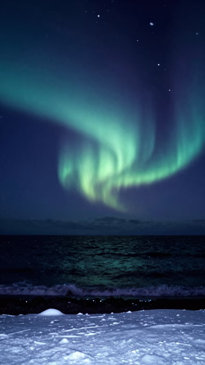 Aurora Over Vancouver Winter Ocean Horizon in beneath a moon-washed horizon near Vancouver