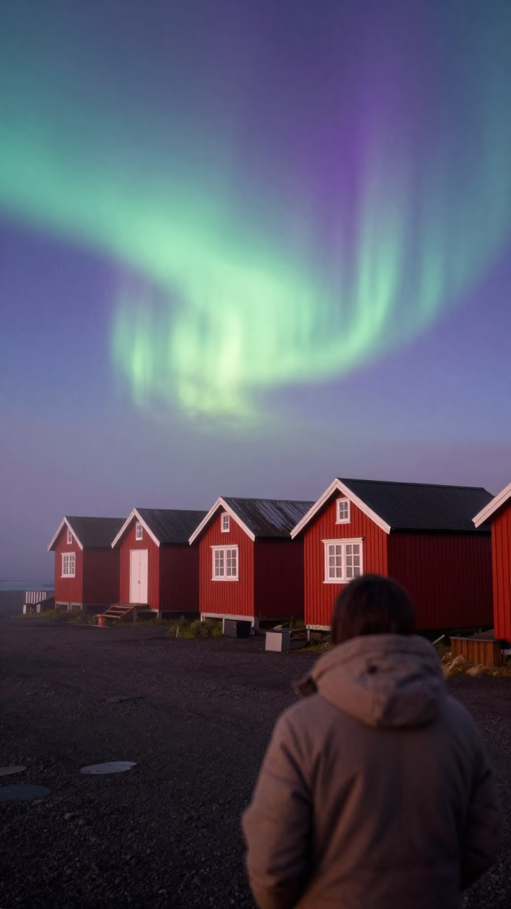 Aurora Over Weathered Huts in Reykjavik in at a public square in Old Harbour, Reykjavik