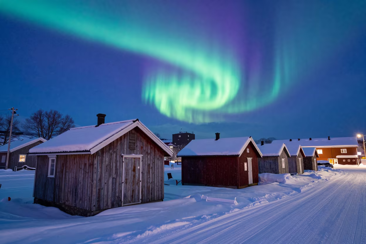 Aurora Over Weathered Huts in Sapporo in in the old quarter in Sapporo