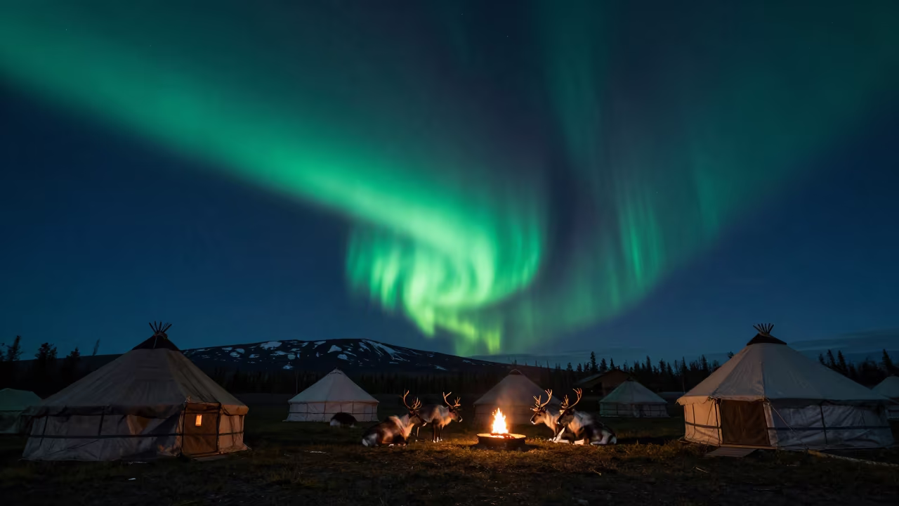 Aurora Pillars Over Sami Reindeer Camp in from a quiet alpine saddle in Northwest Territories
