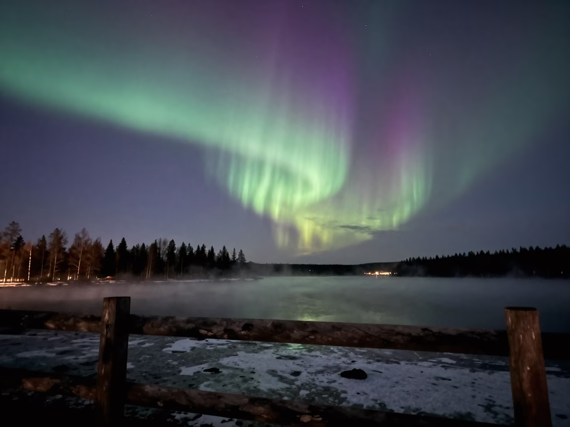 Aurora Pillars Rise Above Helsinki Dawn Mist in near Helsinki