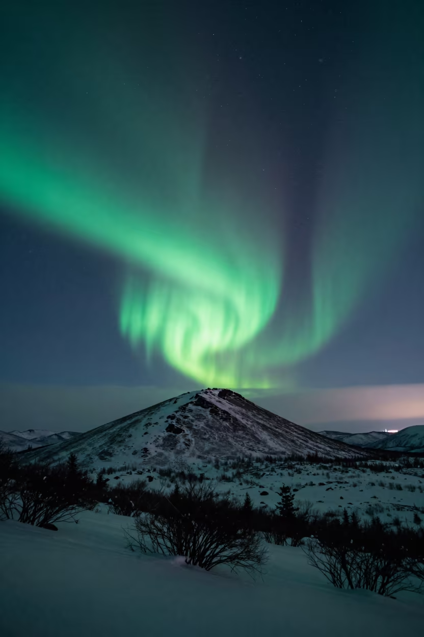 Aurora Pillars Rising Over Siberian Alpine Saddle in from a quiet alpine saddle in Siberia
