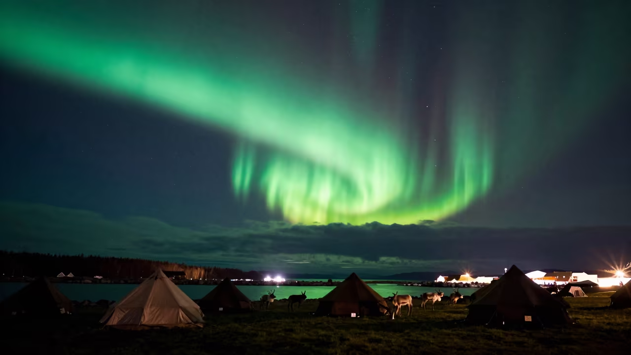 Aurora Pillars Over Sami Camp Near Sapporo in from a moonlit breakwater near Sapporo