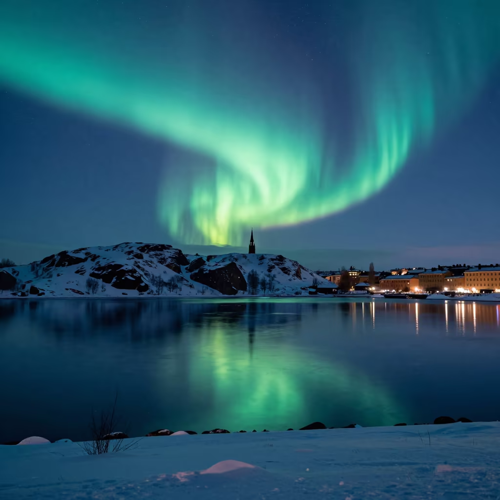 Aurora Reflected in Fjord at Stockholm Night in beneath a wind-cut desert escarpment near Gamla Stan, Stockholm