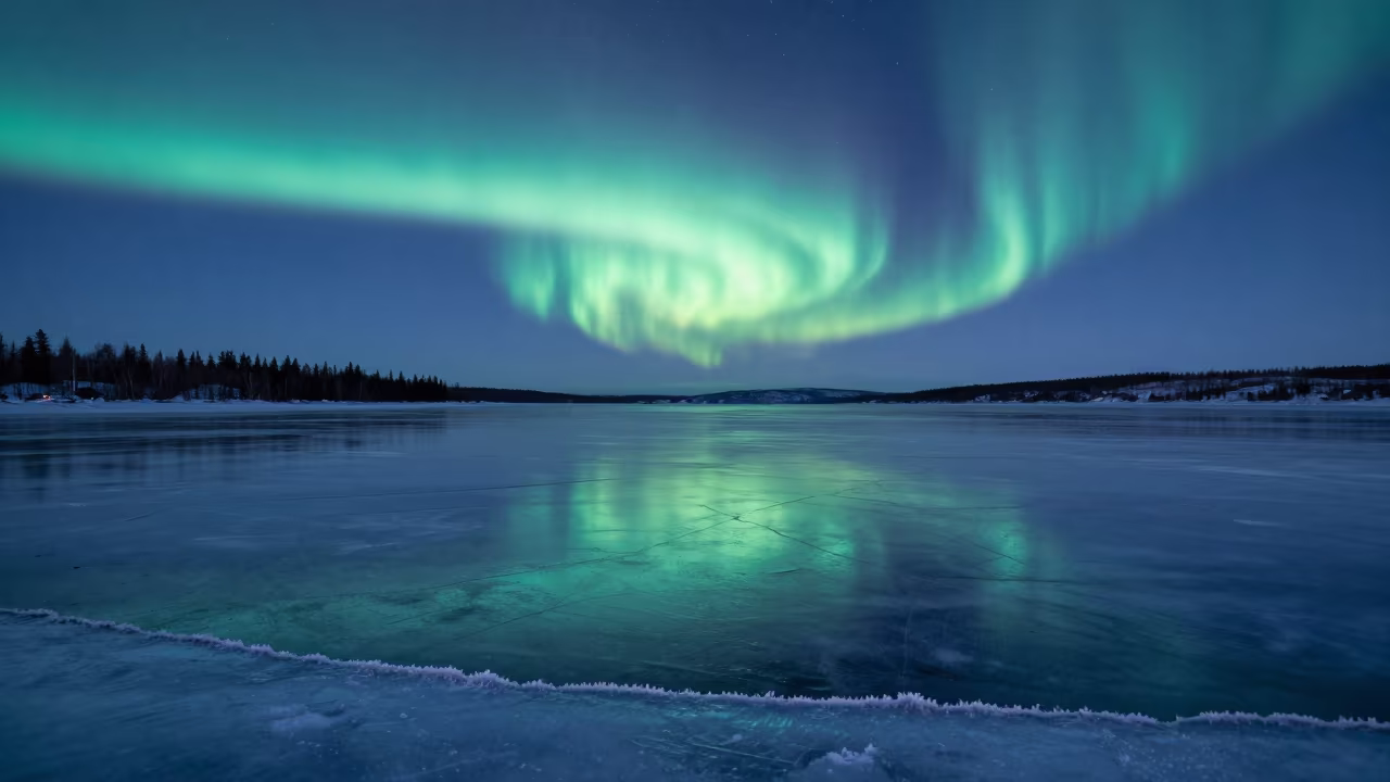 Aurora Reflection on Frozen Fjord in Finland in under a band of cold starlight in Finland