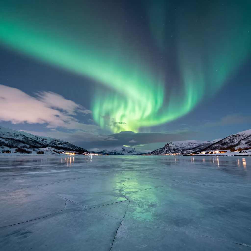 Aurora Reflection on Frozen Fjord Near Oslo in beneath thin cloud gaps and stars near Oslo