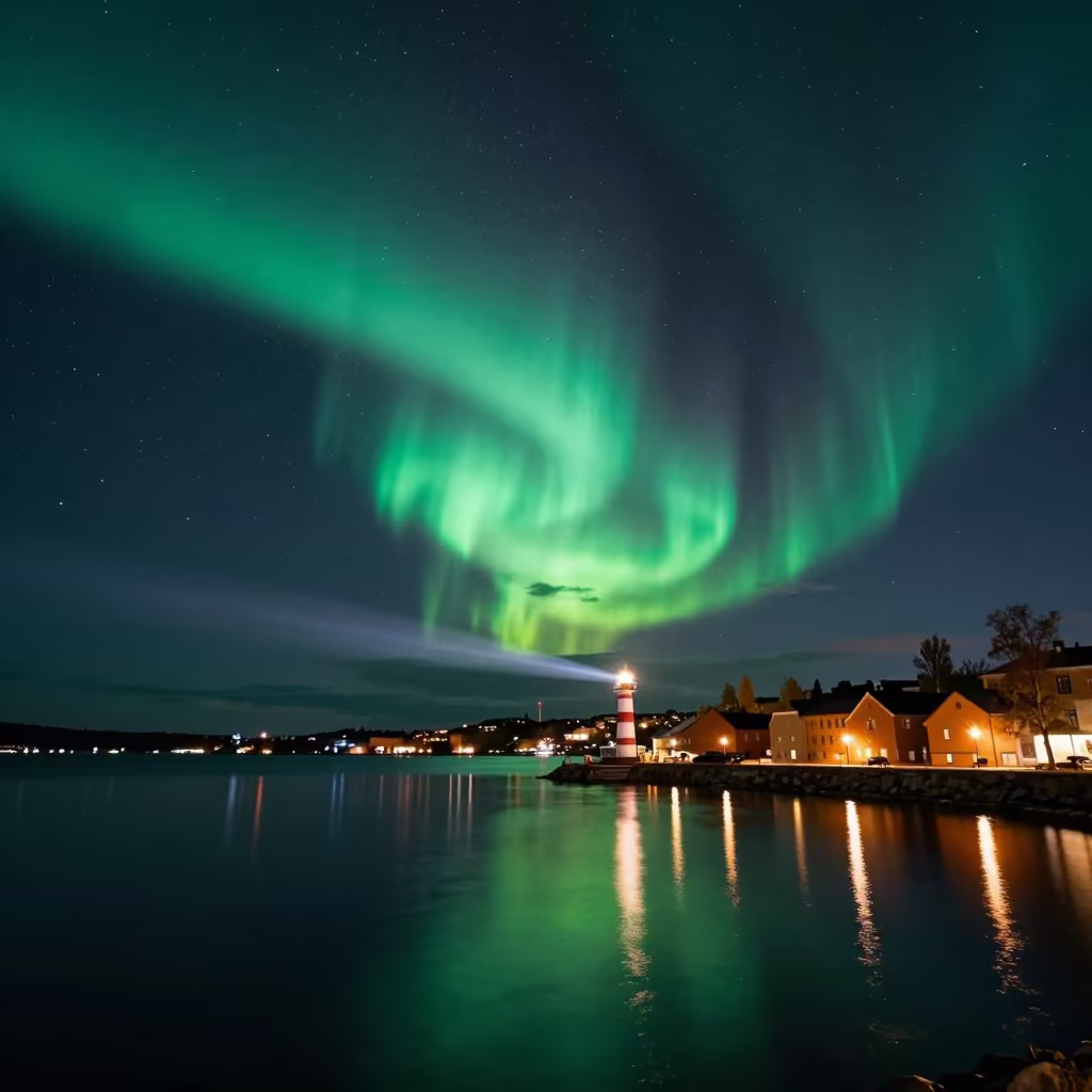 Aurora Reflection in Stockholm Fjord at Dawn in beside a lantern-dotted harbor near Norrmalm, Stockholm