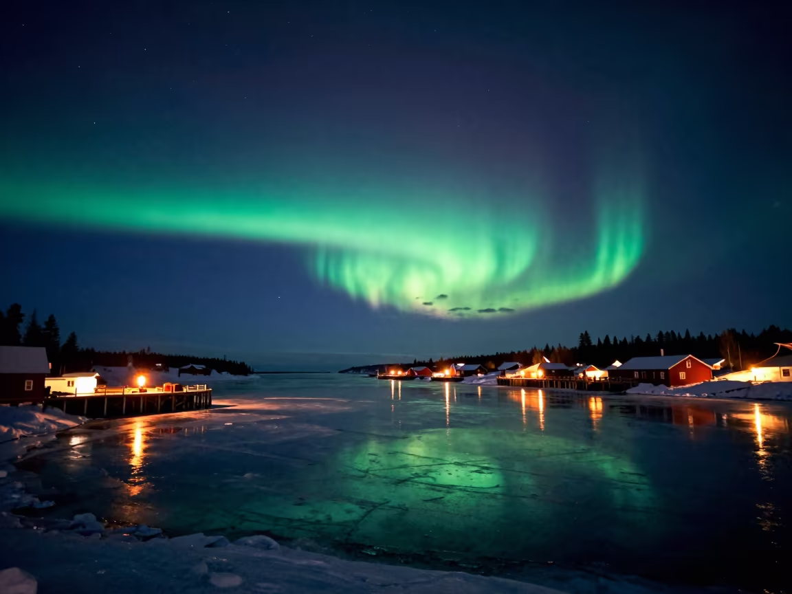 Aurora Reflections on Frozen Canadian Fjord in beside a lantern-dotted harbor in Canada