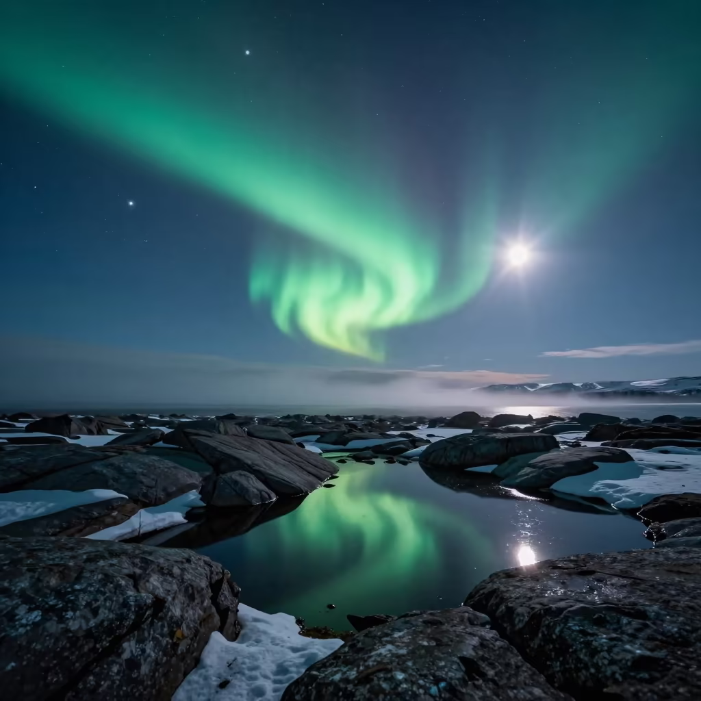 Aurora Reflects in Meltwater Pools on Anchorage Moraine in under a band of cold starlight near Anchorage