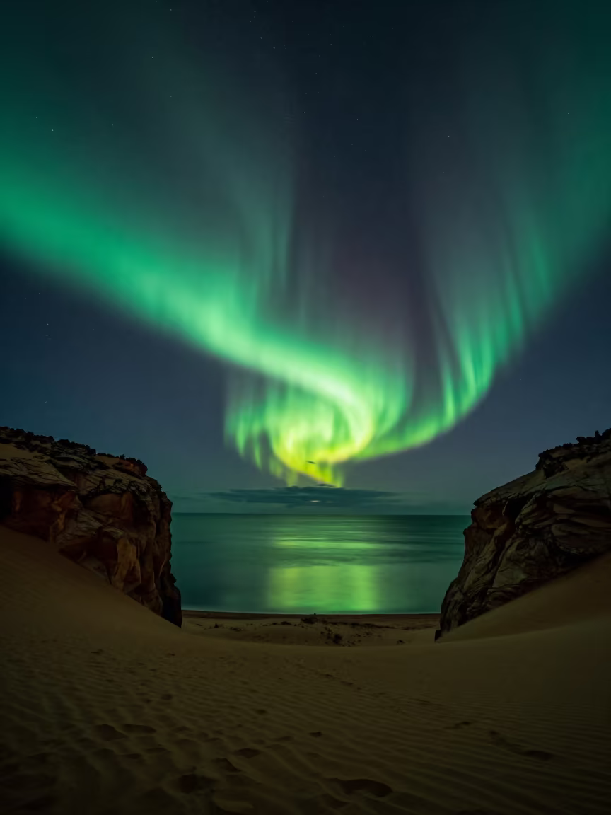 Aurora Sheets Over Ocean Under Iceland Escarpment in beneath a wind-cut desert escarpment in Iceland