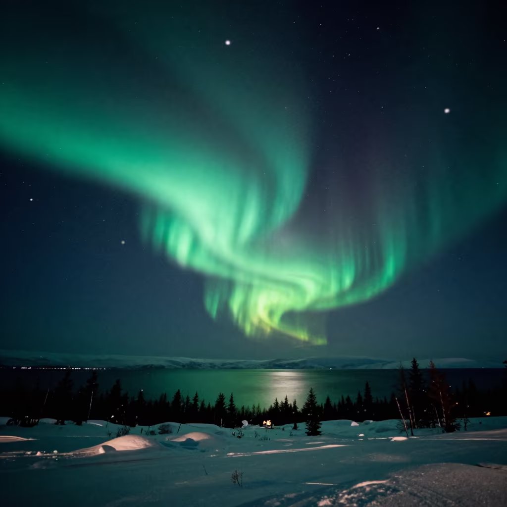 Aurora Sheets Over Southern Ocean Near Rovaniemi in beneath a moon-washed horizon near Rovaniemi