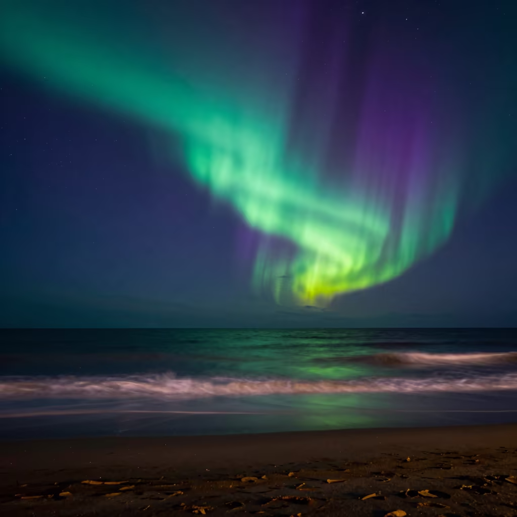 Aurora Sheets Over Southern Ocean Near Sapporo in under a band of cold starlight near Sapporo