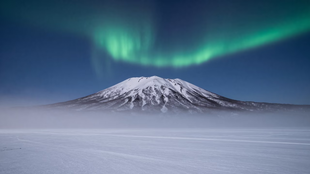 Aurora Tail Over Snow Peak Sapporo in beneath a moon-washed horizon near Sapporo