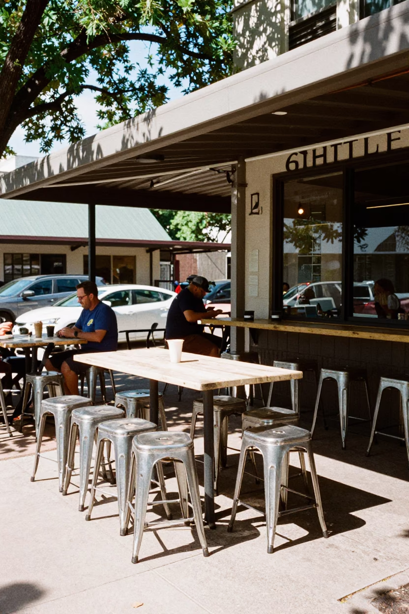 Austin Cafe Patio at The Flat Glare Of Noon Light in in Austin, Texas, United States