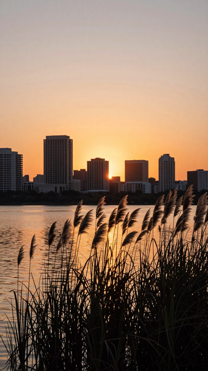 Austin Lady Bird Lake Papyrus Reeds And Urban Skyline in in Austin, Texas, United States