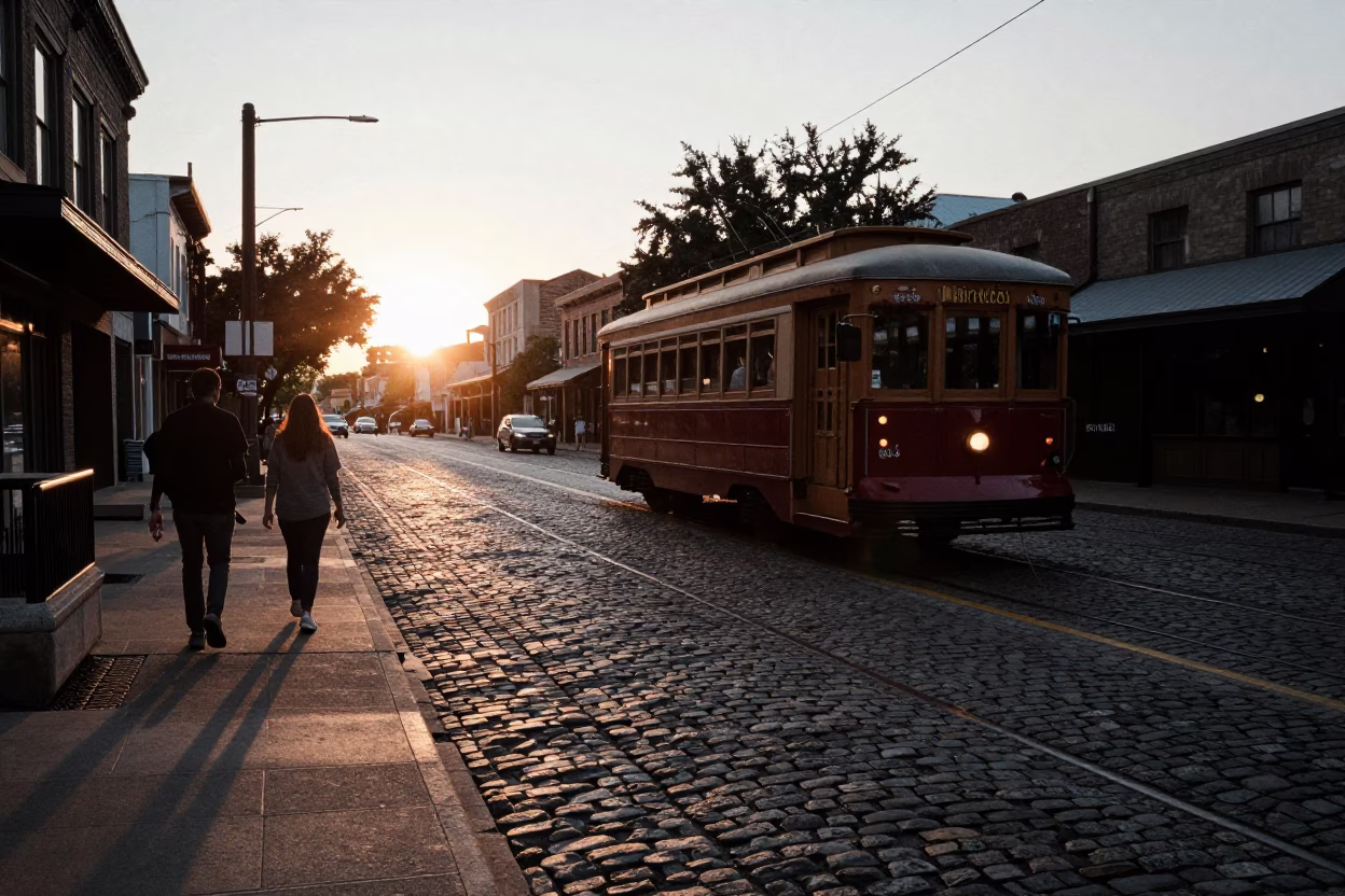 Austin Street Scene at As The Sun Drops Toward The Horizon in in Austin, Texas, United States