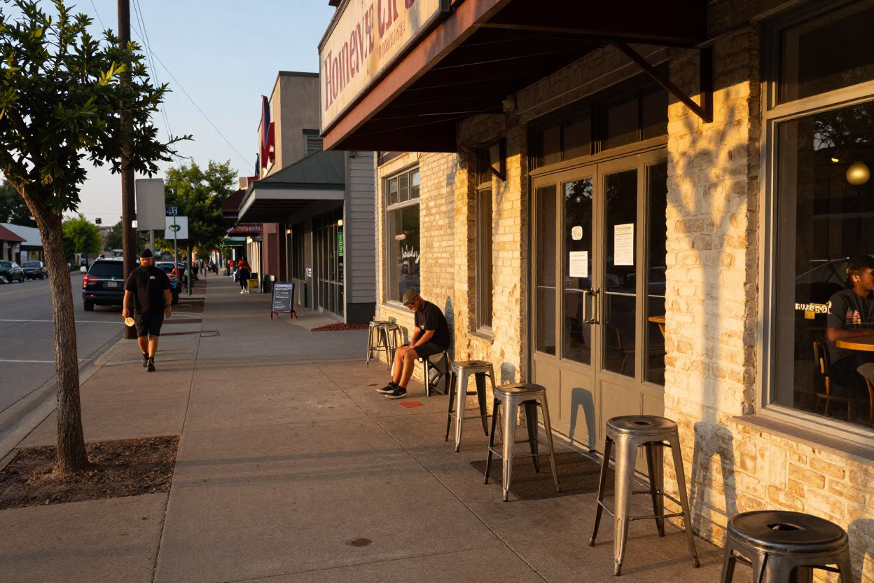 Austin Street Scene at Honeyed Evening Light in in Austin, Texas, United States