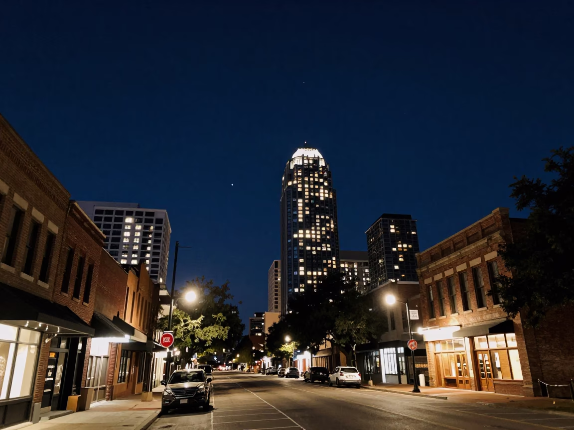 Austin Street Scene at The Deepest Night Sky Light in in Austin, Texas, United States