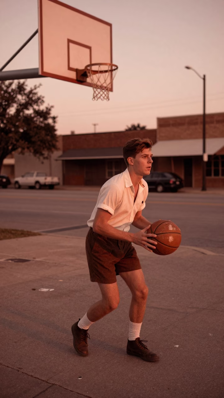 Austin Texas 1950s Street Scene with Basketball and Copper Dusk Light in in Austin, Texas, United States