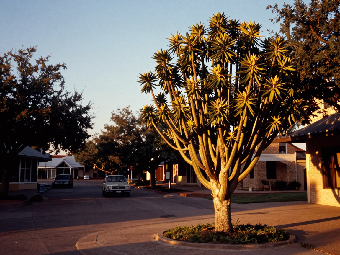 Austin Texas 1960s Honeyed Evening Light Euphorbia Candelabra Tree Against Blue Sky in in Austin, Texas, United States