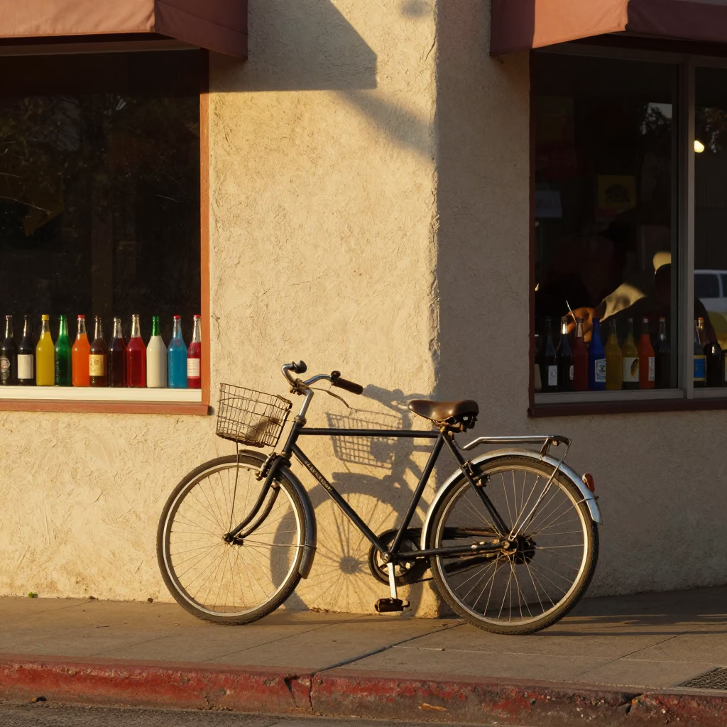 Austin Texas 1980s Street Scene Vintage Bicycle and Colorful Bottles in Honeyed Evening Light in in Austin, Texas, United States