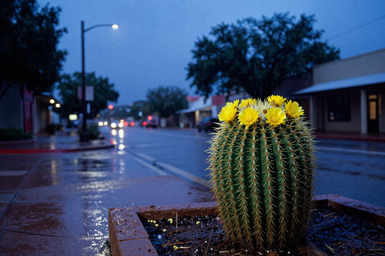 Austin Texas Blue Hour Street Scene with Barrel Cactus and Rain in in Austin, Texas, United States