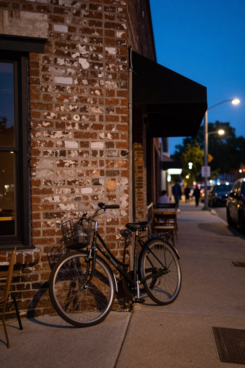 Austin Texas Blue Hour Street Scene with Bicycle and Cafe Latch Details in in Austin, Texas, United States