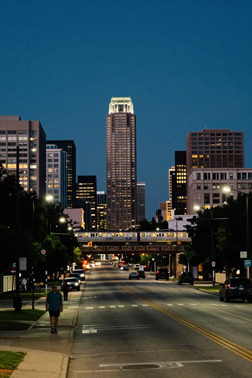 Austin Texas Blue Hour Street Scene with Commuter Train Bridge and Vintage Tin in in Austin, Texas, United States