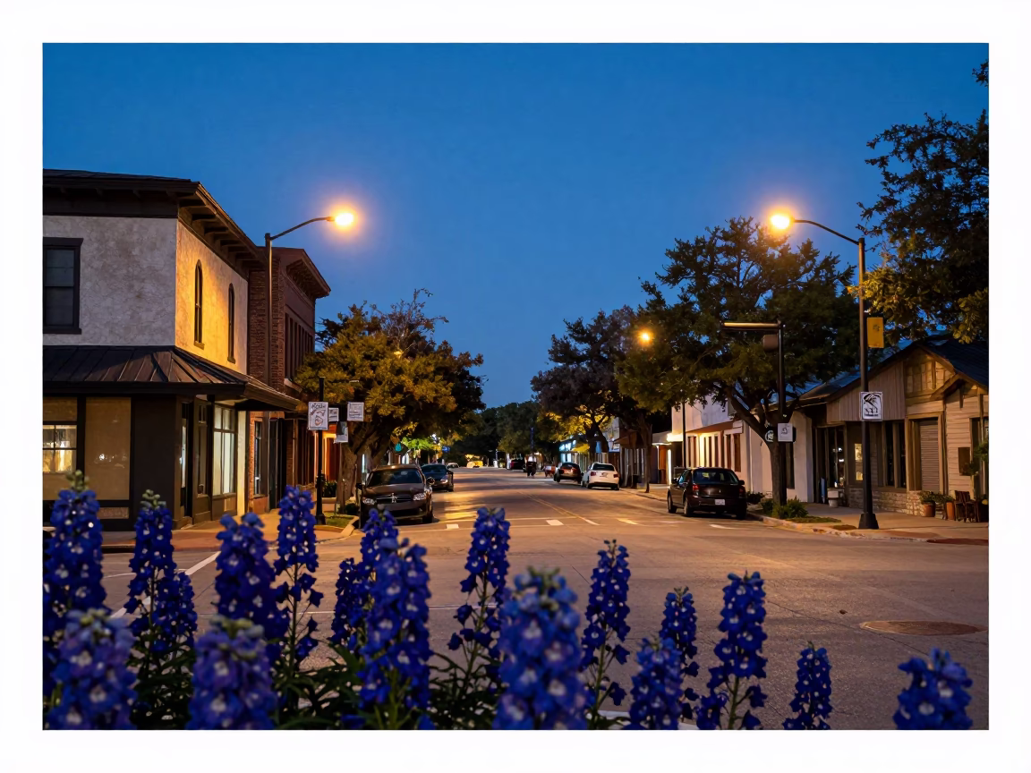 Austin Texas Blue Hour Street Scene with Delphinium Border and Local Architecture in in Austin, Texas, United States