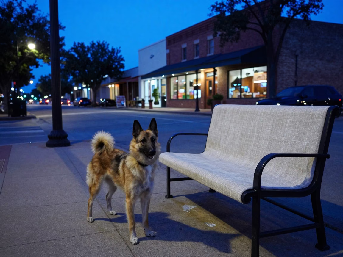 Austin Texas Blue Hour Street Scene with German Spitz and Linen Bench Fringe in in Austin, Texas, United States