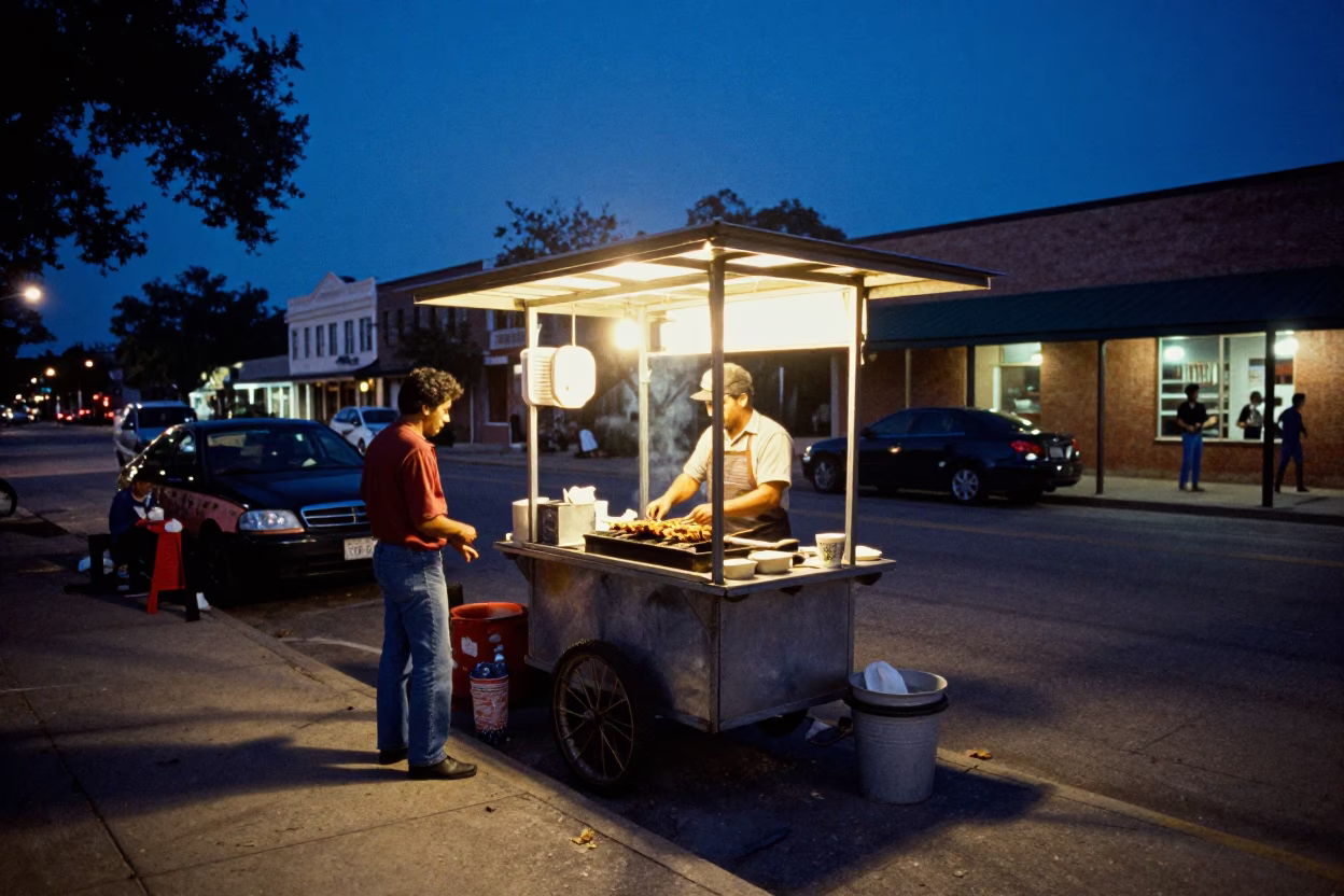 Austin Texas Blue Hour Street Scene with Kebab Grilling and Vietnamese Coffee in in Austin, Texas, United States