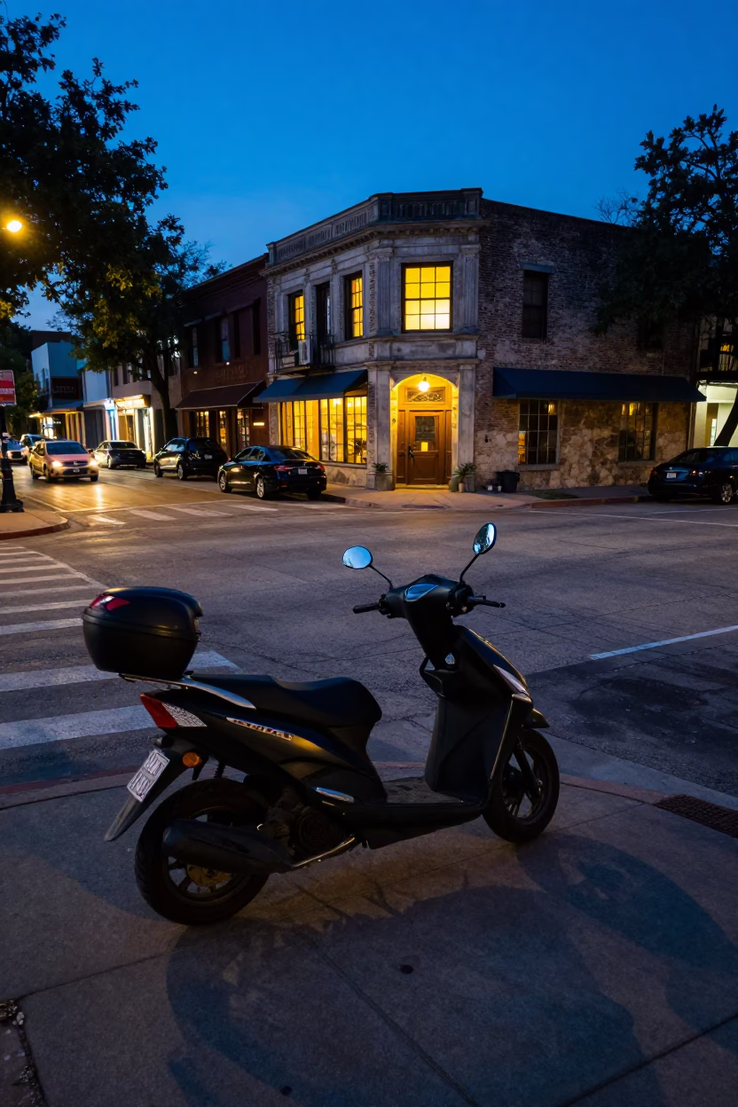 Austin Texas Blue Hour Street Scene with Scooter and Window Light in in Austin, Texas, United States