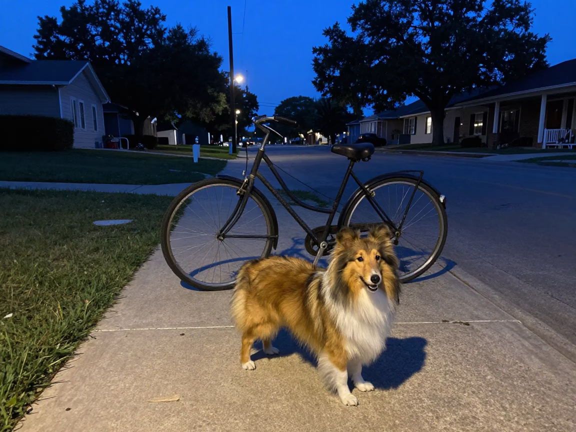 Austin Texas Blue Hour Street Scene with Shetland Sheepdog and Vintage Bicycle in in Austin, Texas, United States