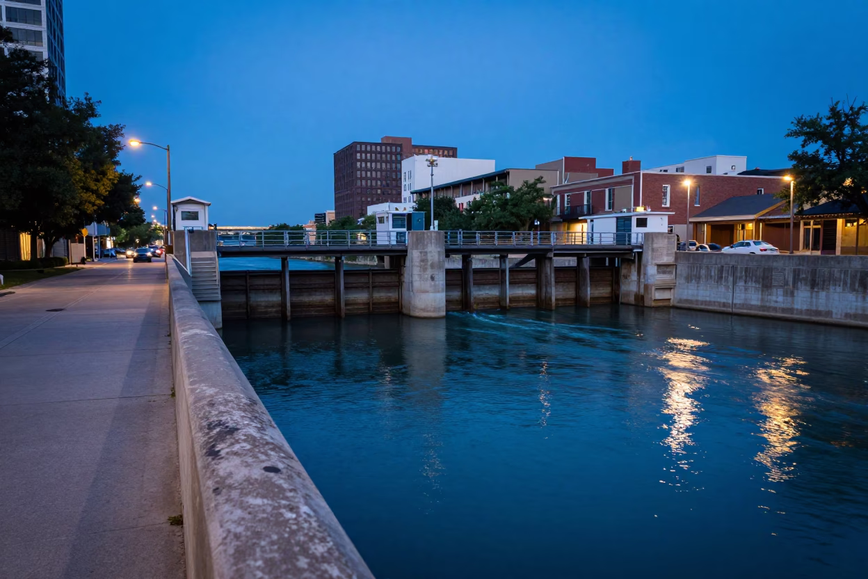 Austin Texas Blue Hour Street Scene with Sluice Gate and Tea-Colored River Foam in in Austin, Texas, United States