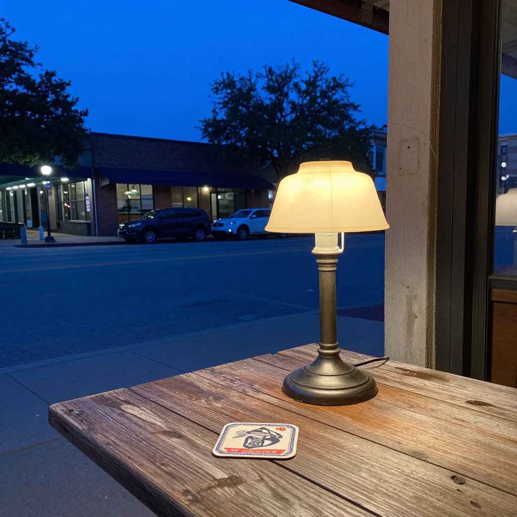 Austin Texas Blue Hour Street Scene with Table Lamp and Coaster Detail in in Austin, Texas, United States
