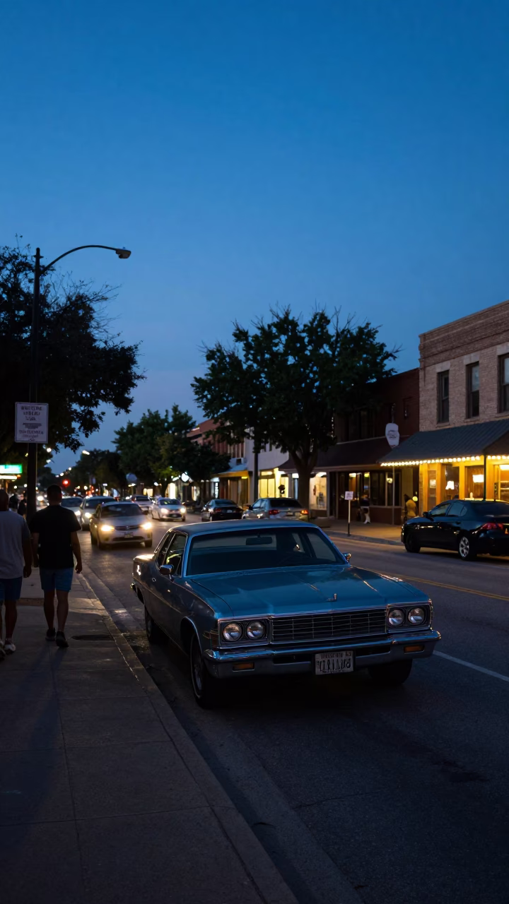 Austin Texas Blue Hour Street Scene with Vintage 1980s Car and Local Food Stall in in Austin, Texas, United States