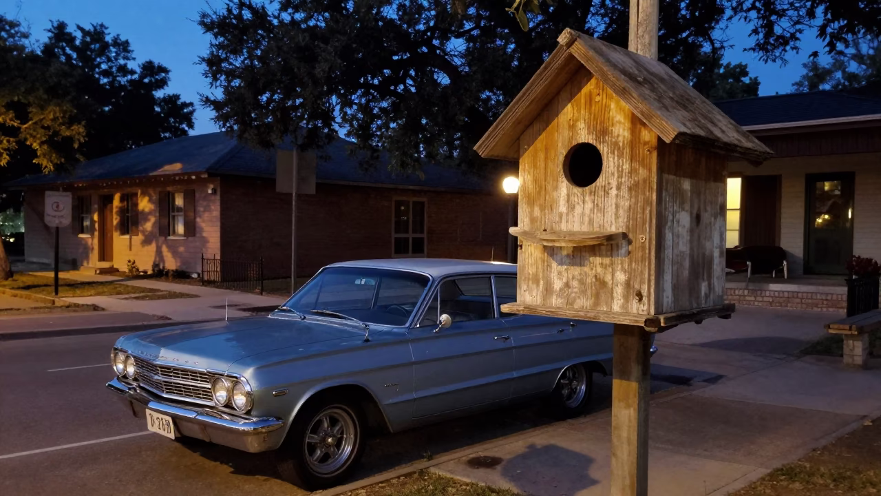 Austin Texas Blue Hour Street Scene with Vintage Car and Birdhouse in in Austin, Texas, United States