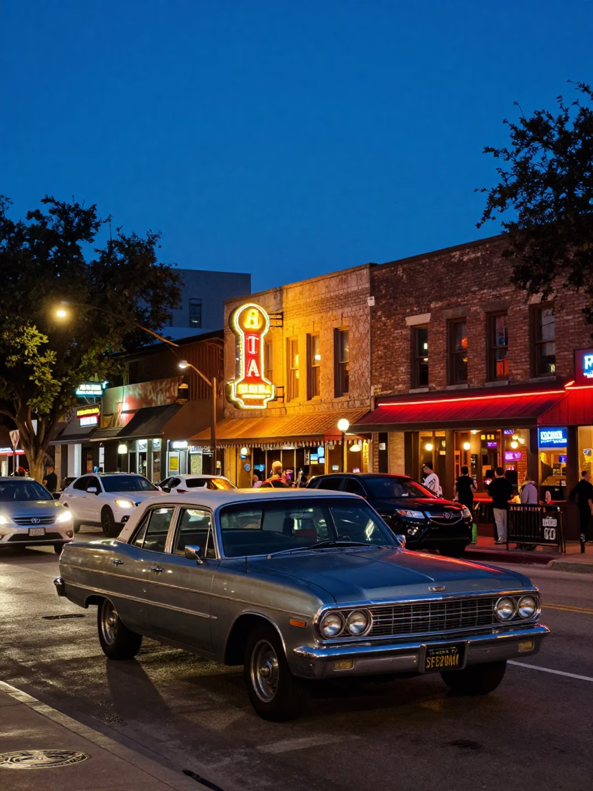 Austin Texas Blue Hour Street Scene with Vintage Car and Neon Lights in in Austin, Texas, United States