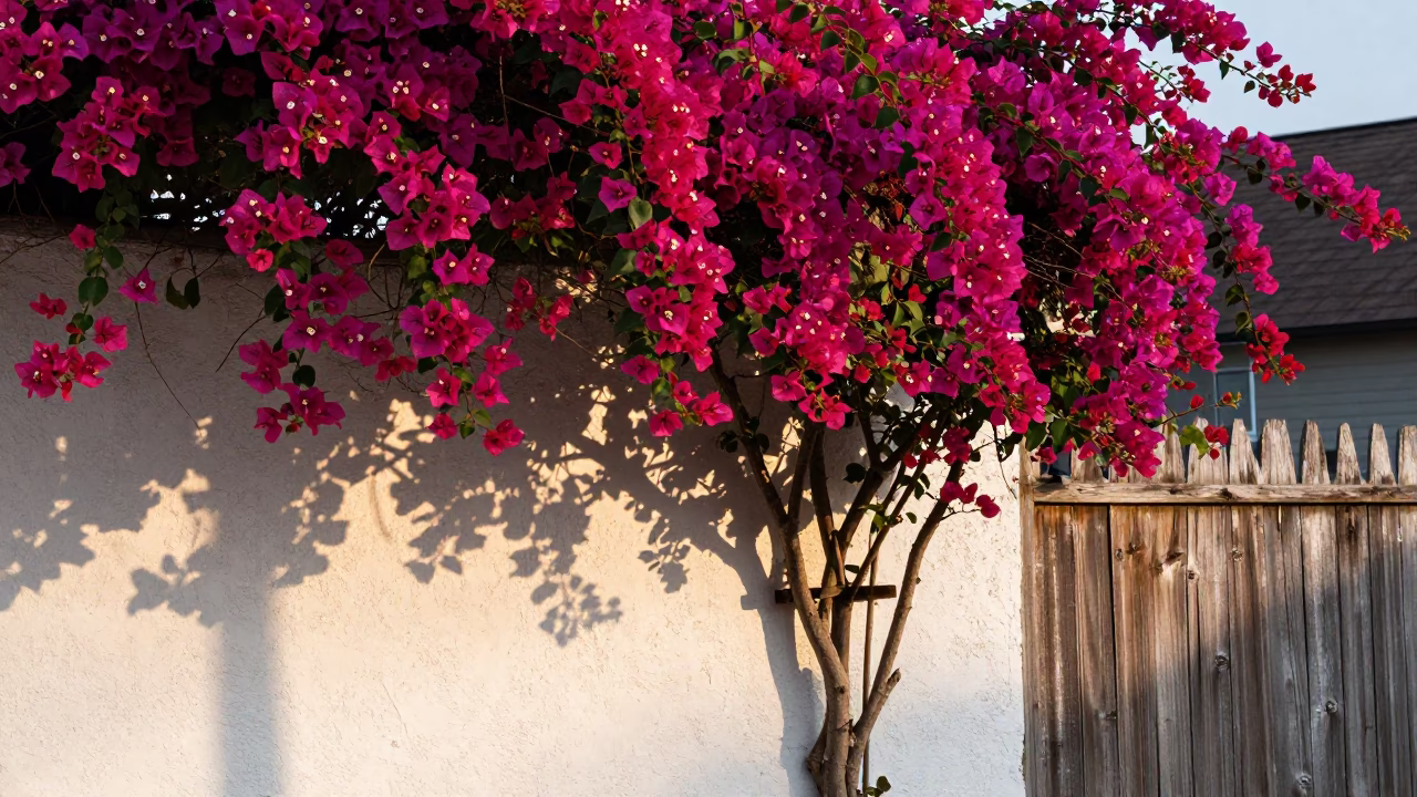 Austin Texas Bougainvillea Cascade Over White Wall Just After Sunrise in in Austin, Texas, United States
