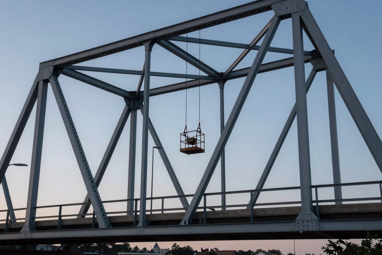 Austin Texas Bridge Maintenance Cage Swinging in Pre-Dawn Light Before Sunrise in in Austin, Texas, United States
