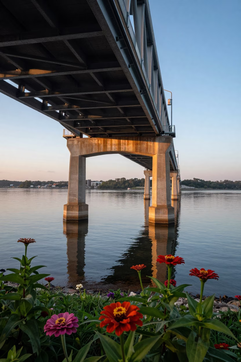 Austin Texas Bridge Pier at Dawn with Zinnias and Morning Light in in Austin, Texas, United States
