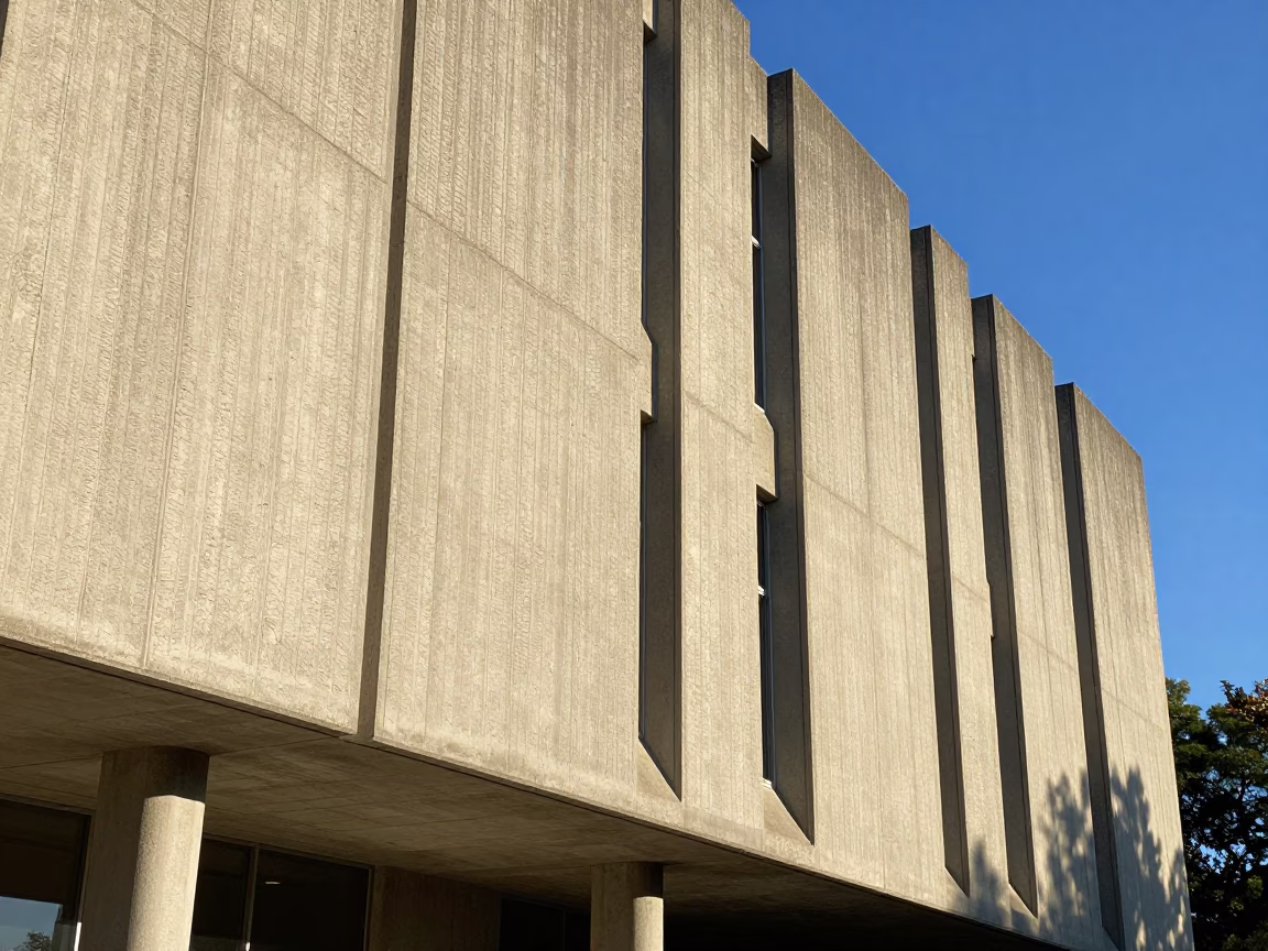Austin Texas Brutalist Concrete University Building Exterior Early Afternoon Sunlight in in Austin, Texas, United States