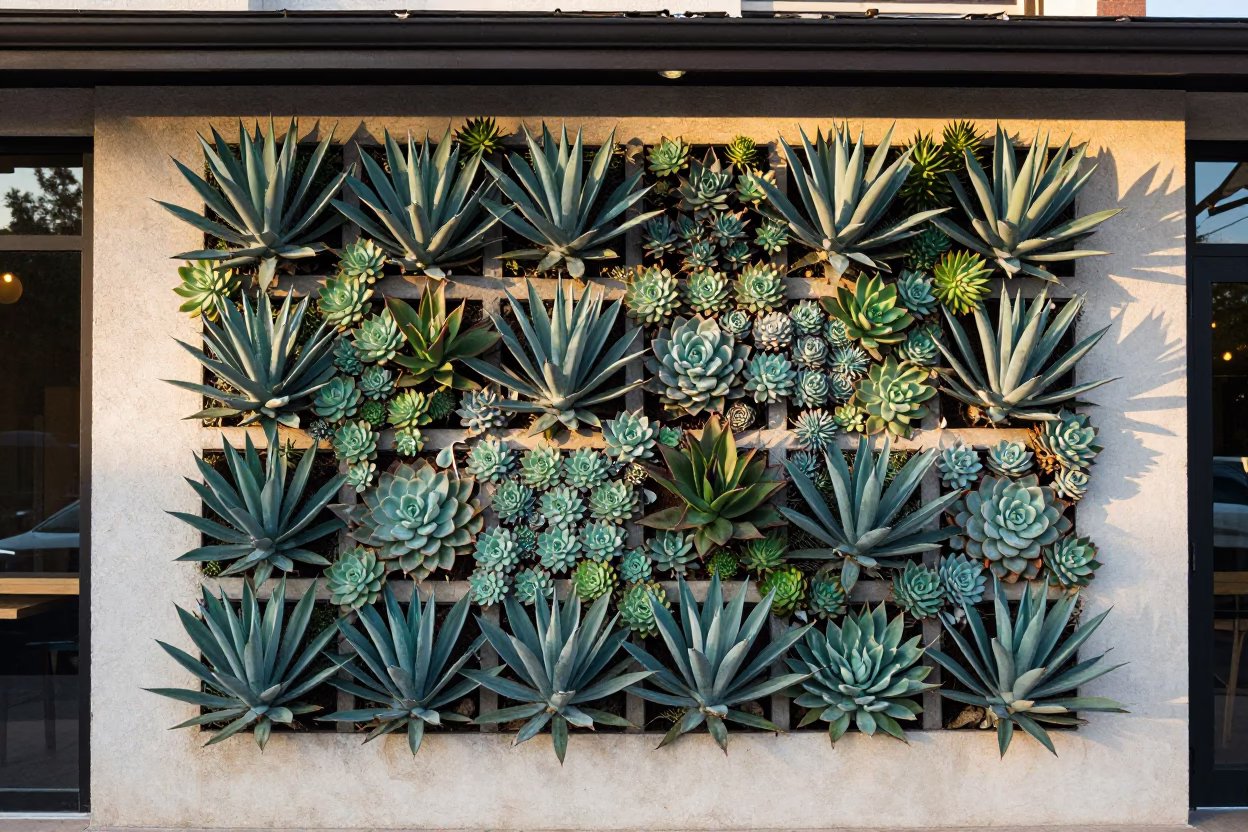 Austin Texas Cafe Exterior with Living Succulent Wall in Early Afternoon Light in in Austin, Texas, United States