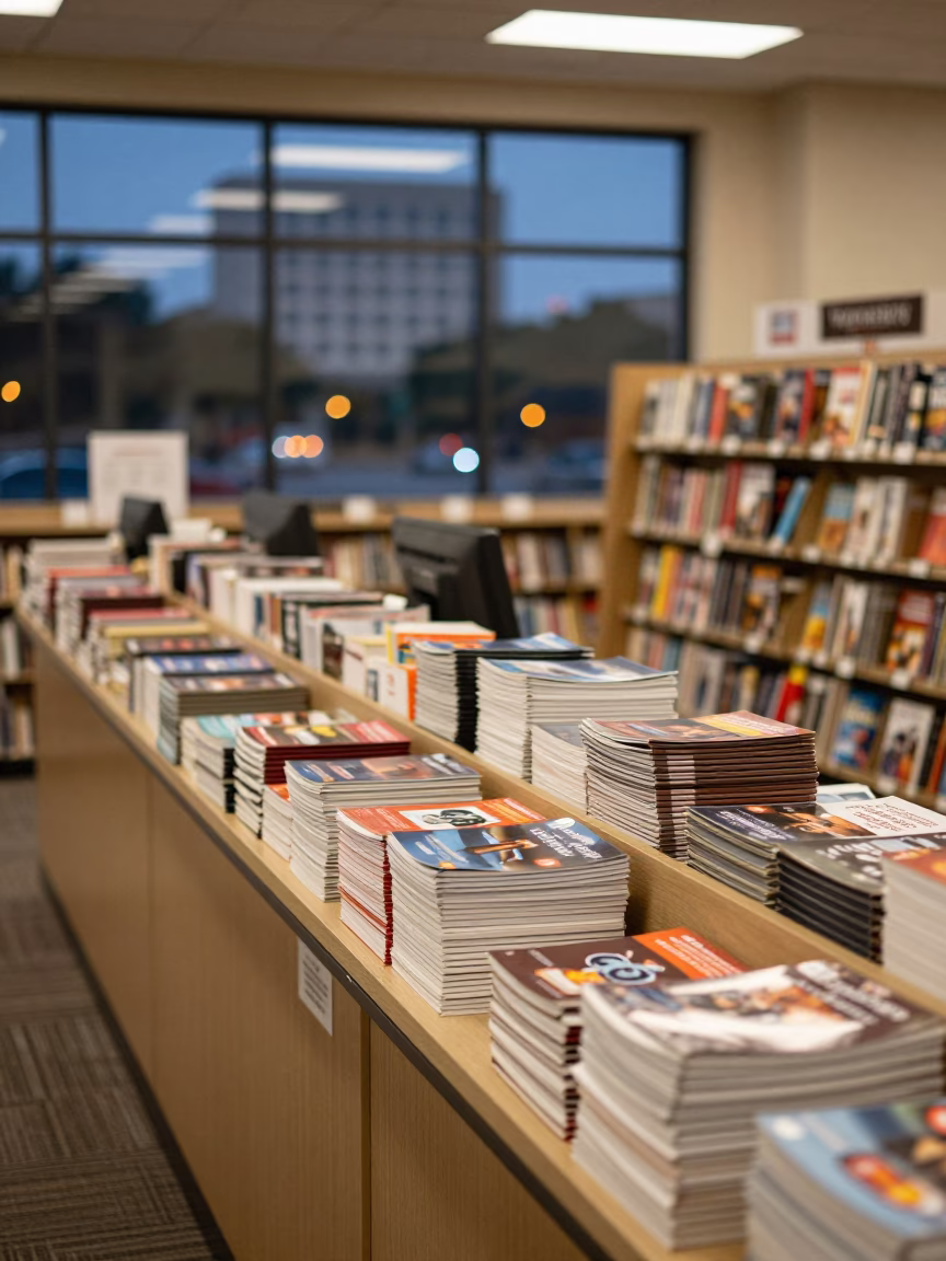 Austin Texas Campus Bookstore Counter Stacked with Fresh Course Packets at Dusk in in Austin, Texas, United States
