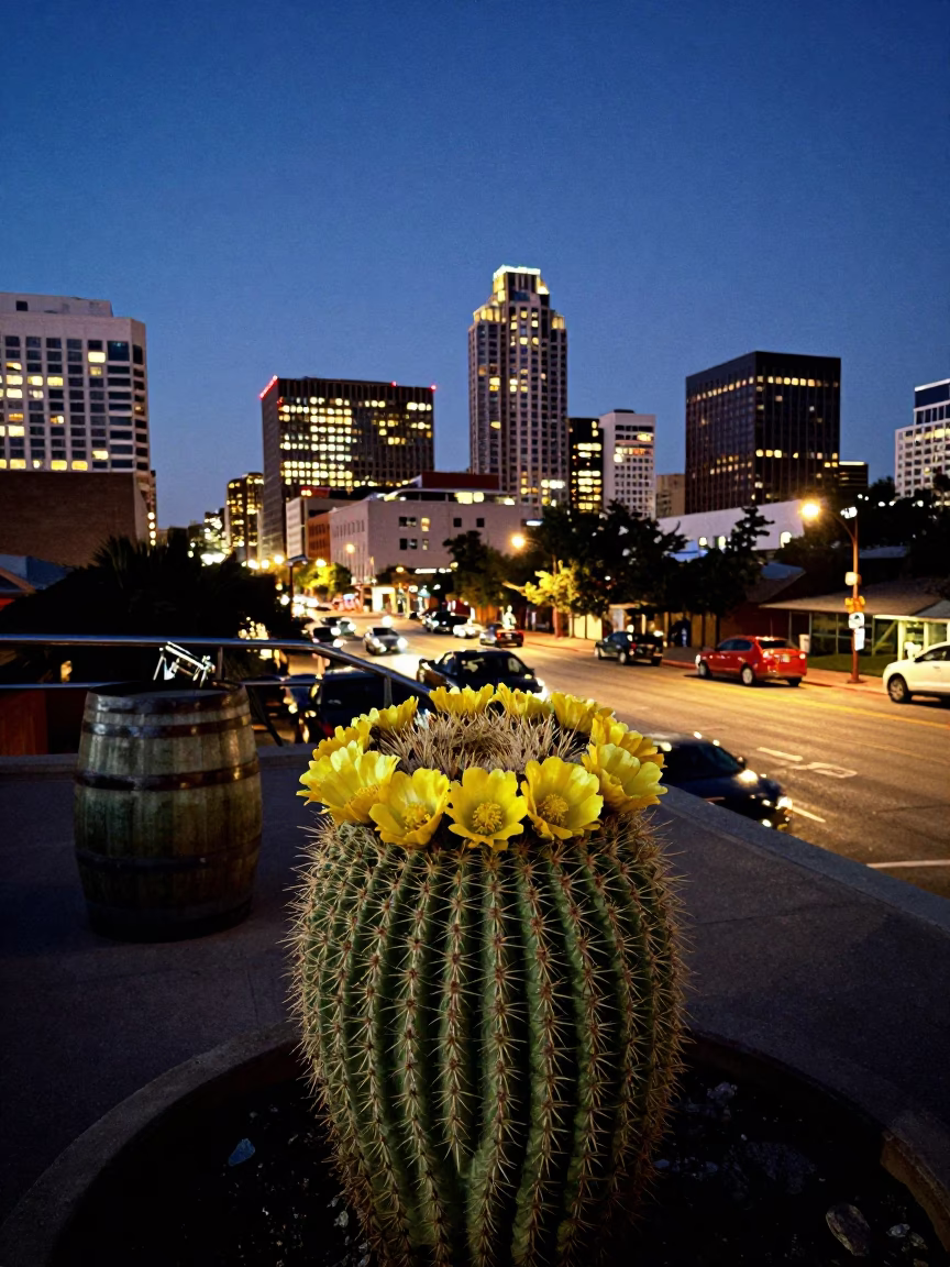 Austin Texas City Lights Glow Over Downtown Streets and Barrel Cactus at Dusk in in Austin, Texas, United States