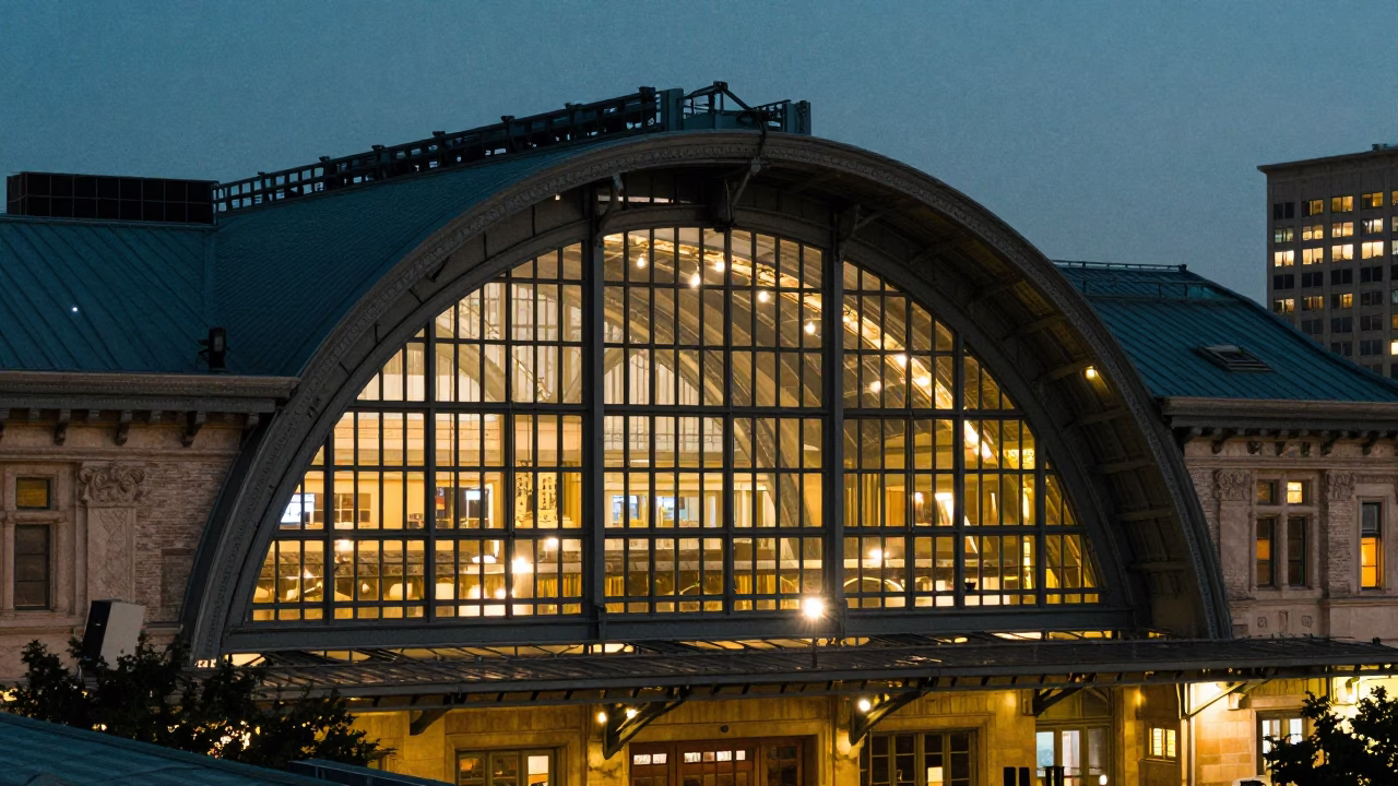 Austin Texas City Lights Glow Over Glass Steel Train Station Arched Roof at Dusk in in Austin, Texas, United States